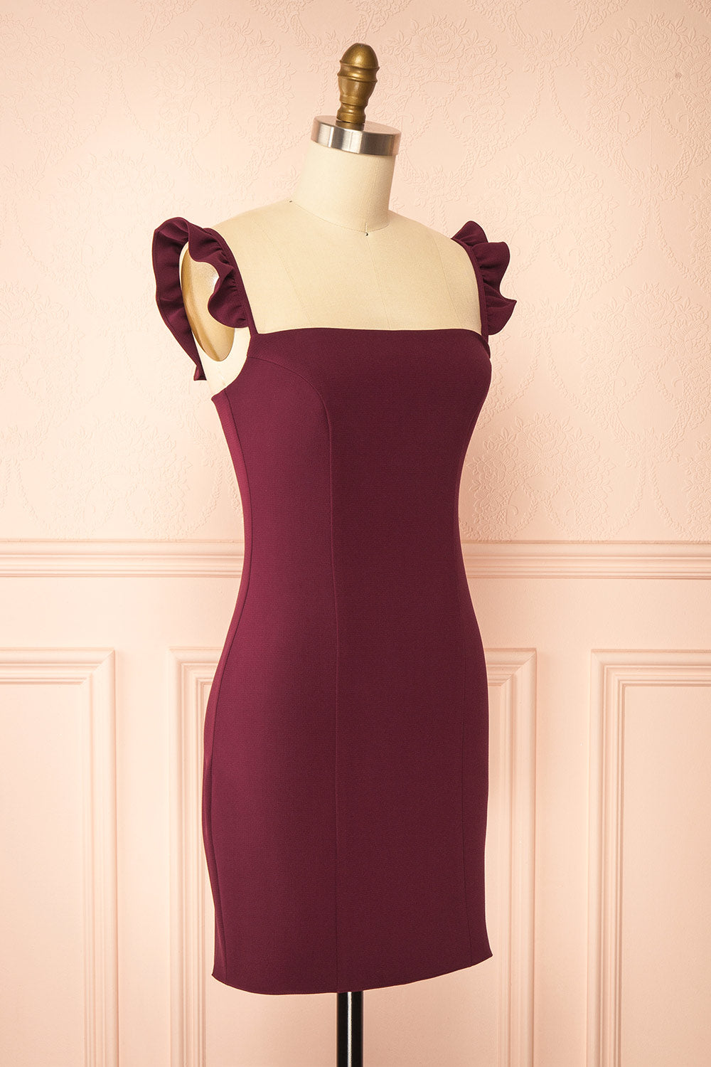 Palora Burgundy Short Dress with Ruffled Straps by Arti Gogna | Boutique 1861  side view