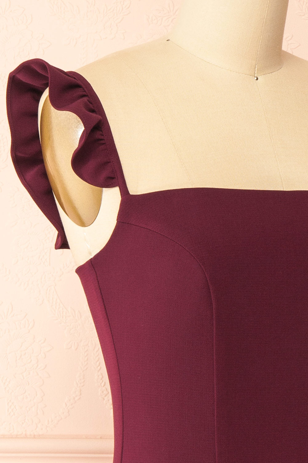 Palora Burgundy Short Dress with Ruffled Straps by Arti Gogna | Boutique 1861 side