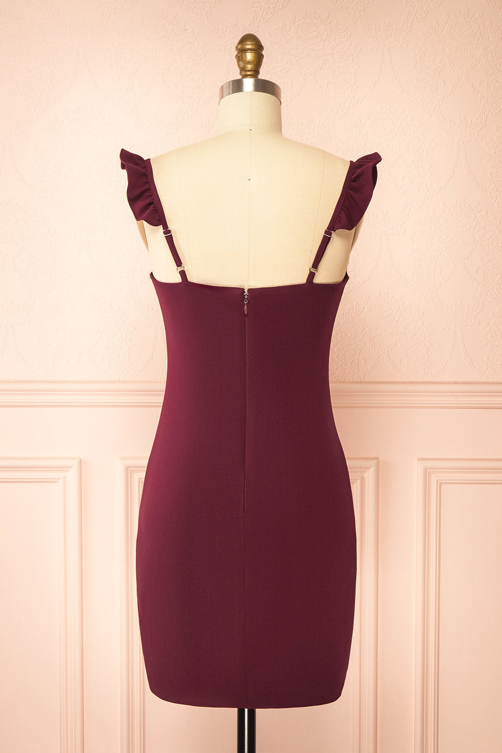 Palora Burgundy Short Dress with Ruffled Straps by Arti Gogna | Boutique 1861 back view