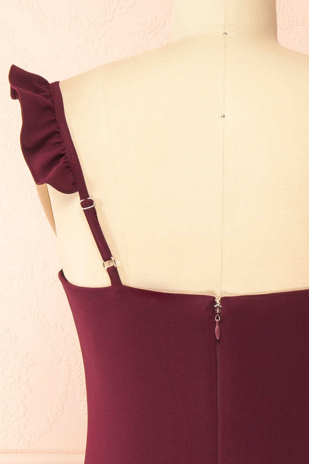 Palora Burgundy Short Dress with Ruffled Straps by Arti Gogna | Boutique 1861 back