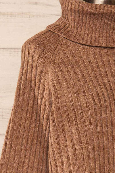 Paramaribo Brown Asymmetrical Knit Sweater | La petite garçonne  side close-up
