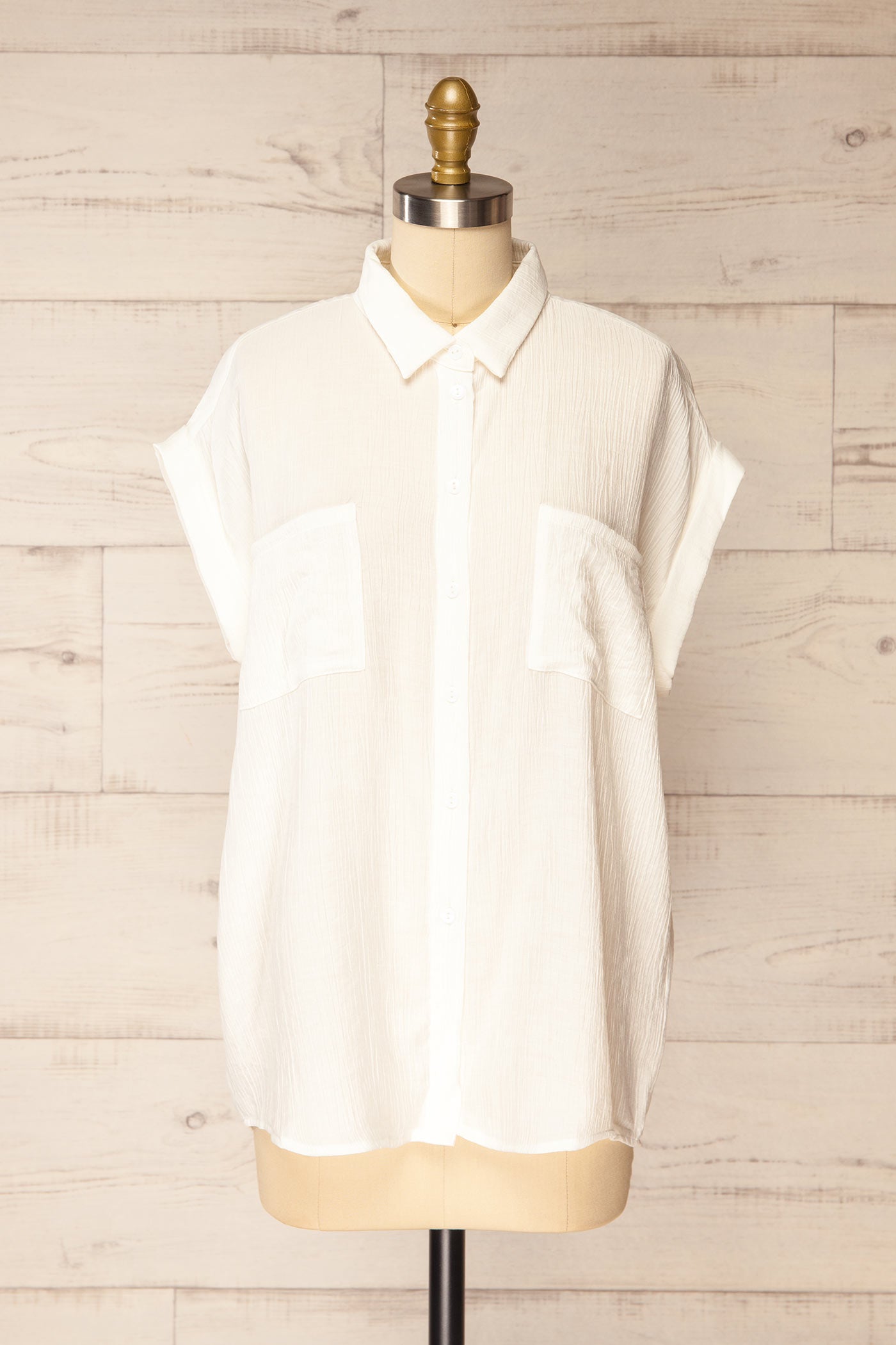 Frontview Patiala Ivory Sheer Short Sleeve Button-Down Shirt at la petite garçonne