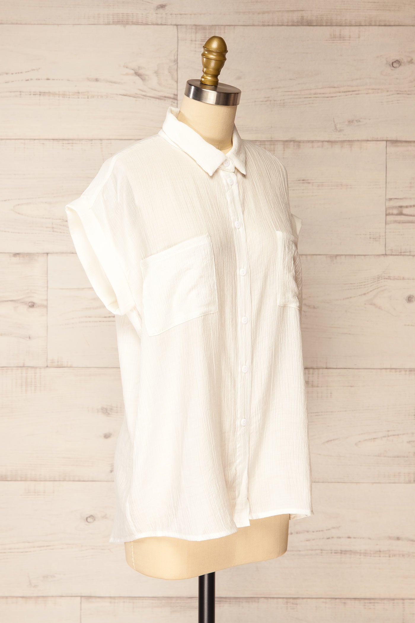 Sideview Patiala Ivory Sheer Short Sleeve Button-Down Shirt at la petite garçonne