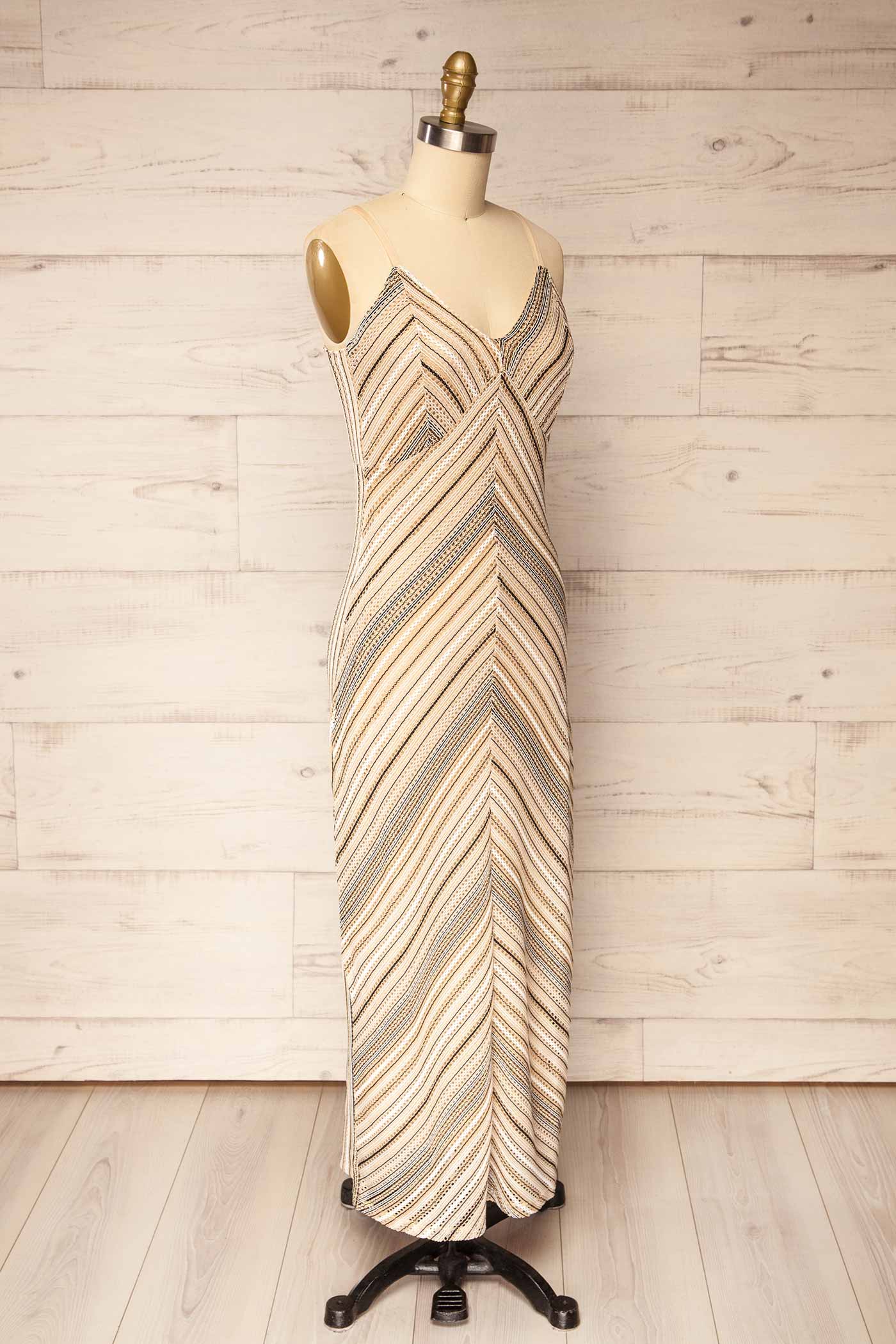 Pavia Beige Multi Chevron Stripe Pointelle Crochet Midi Dress | La petite garçonne side 