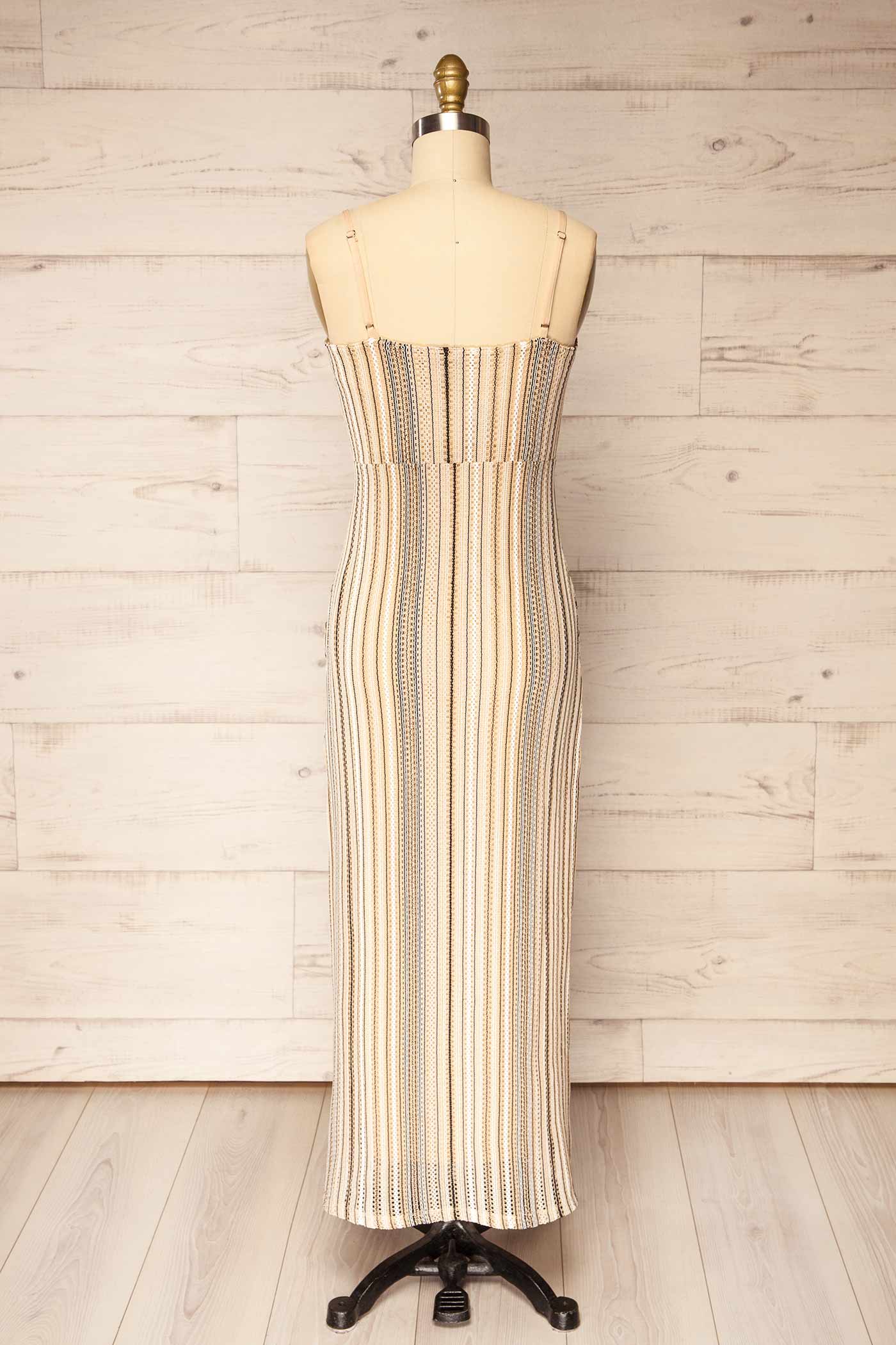 Pavia Beige Multi Chevron Stripe Pointelle Crochet Midi Dress | La petite garçonne back