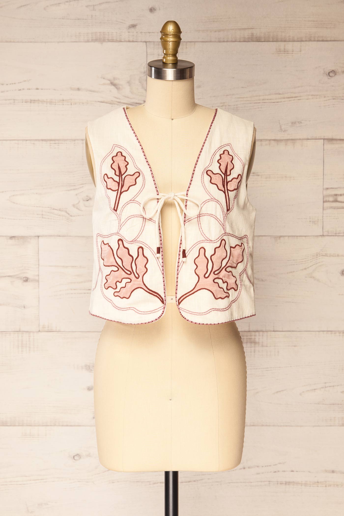 Front view Pehowa Embroidered Cotton Vest with Tie Front at la petite garçonne