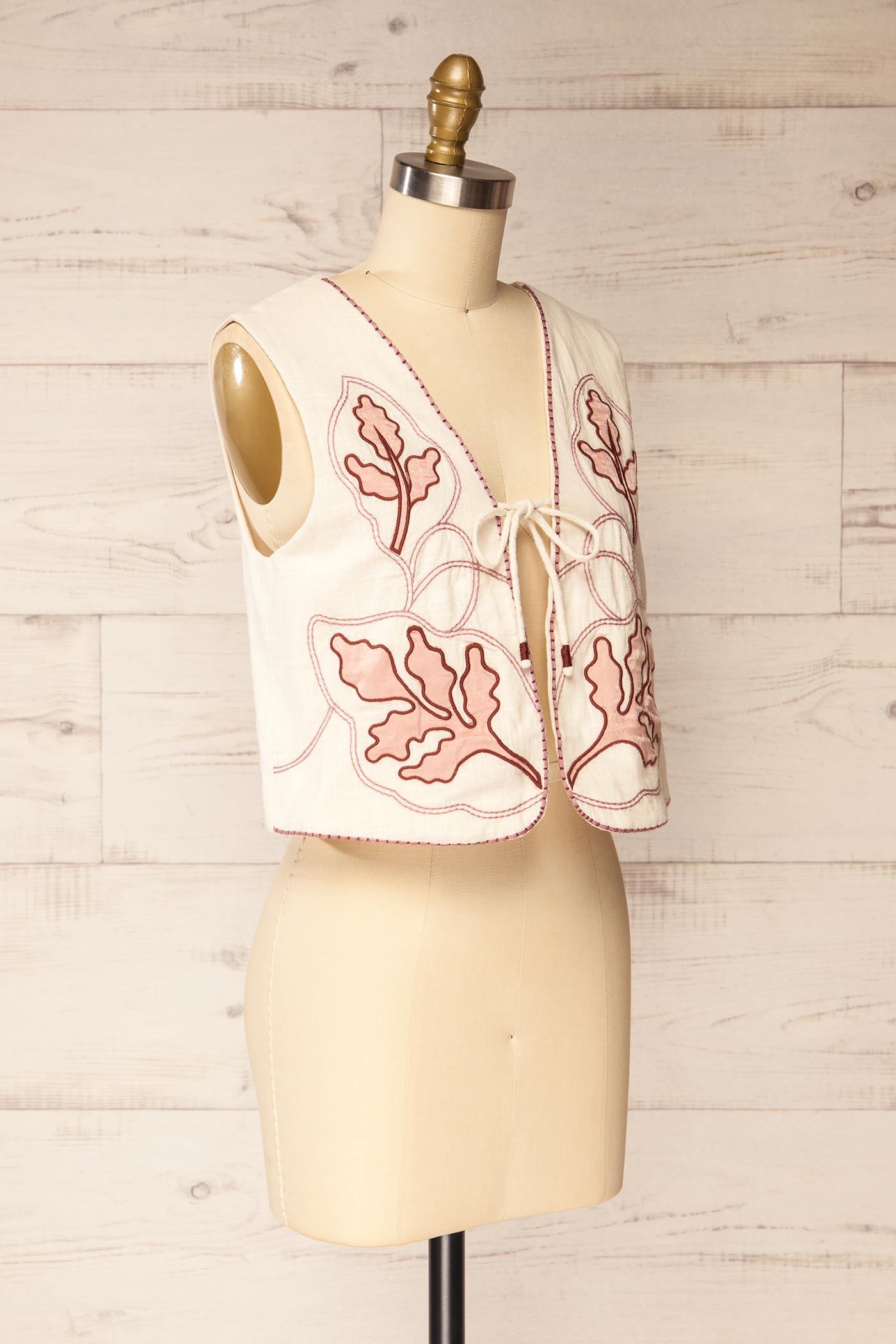 Profile view Pehowa Embroidered Cotton Vest with Tie Front at la petite garçonne
