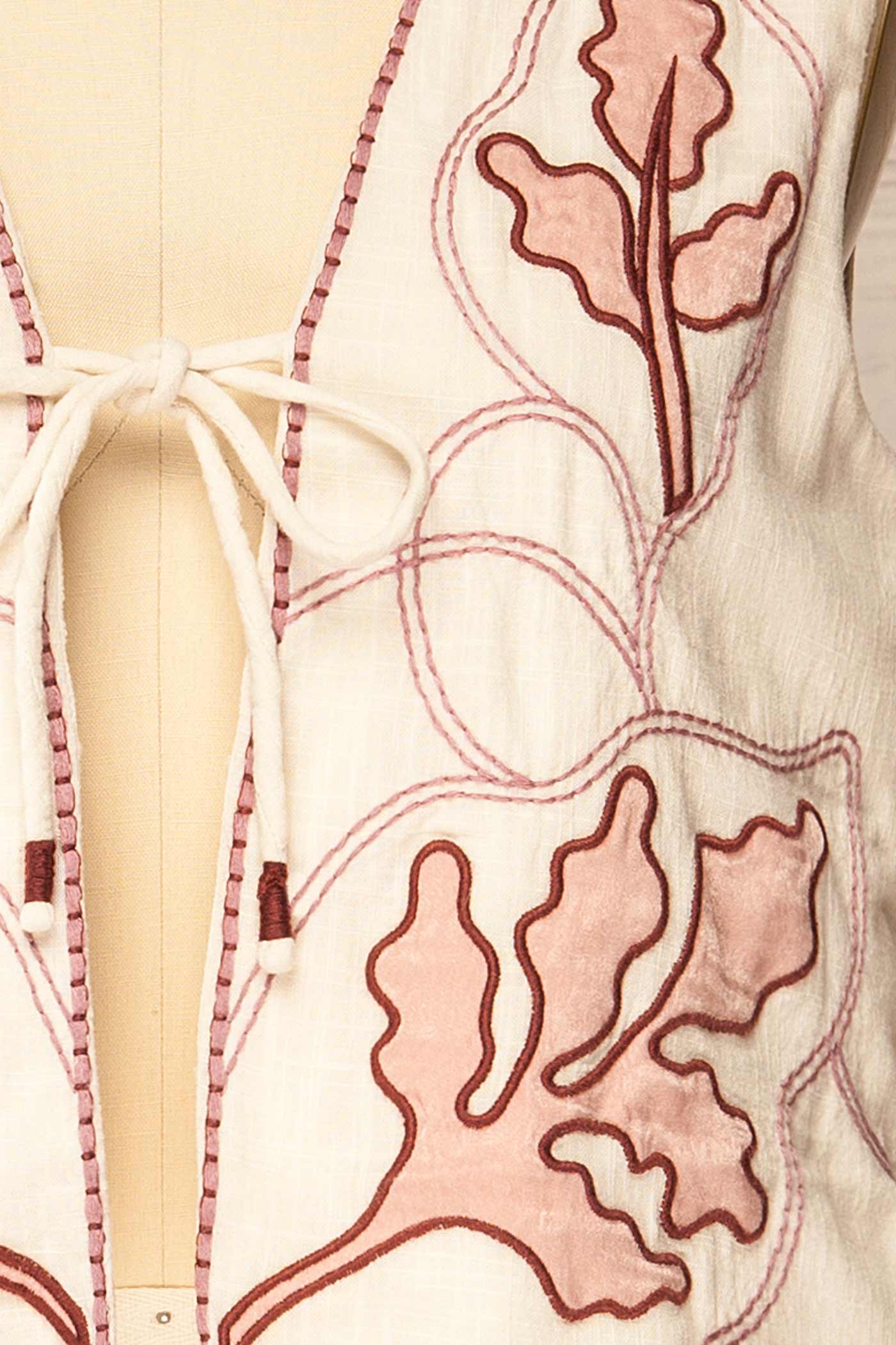 Close-up view Pehowa Embroidered Cotton Vest with Tie Front at la petite garçonne