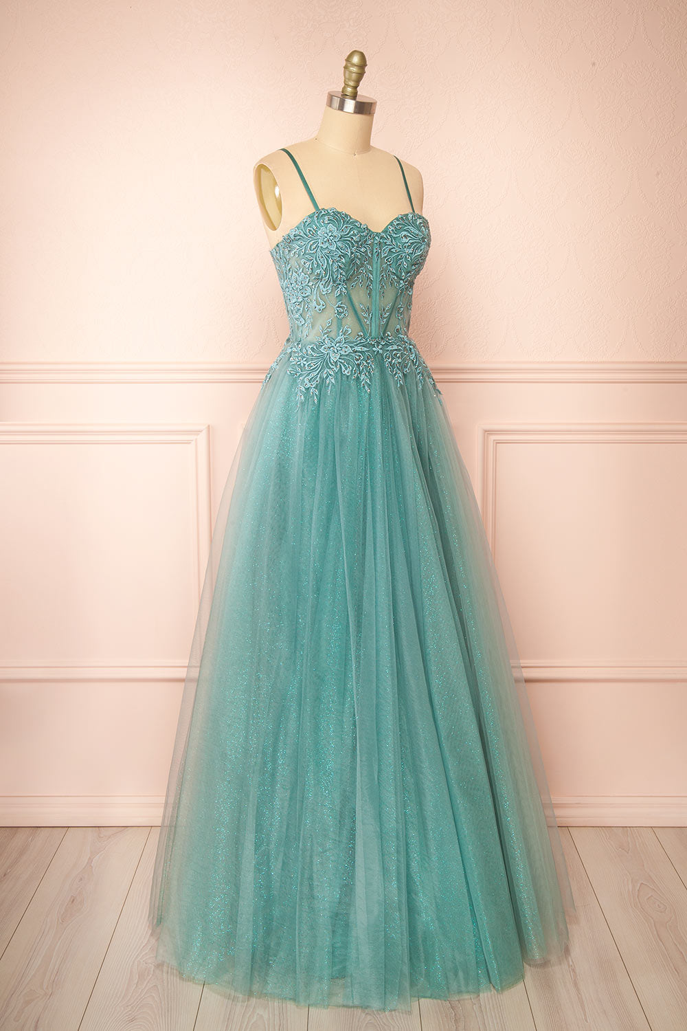 Penelope Sparkling Teal Maxi Tulle Dress | Boutique 1861  side view