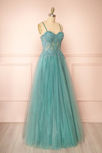 Penelope Sparkling Teal Maxi Tulle Dress | Boutique 1861  side view