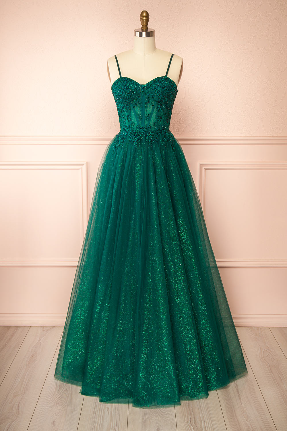 Penelope Green Sparkling Tulle Maxi Dress | Boutique 1861 front view