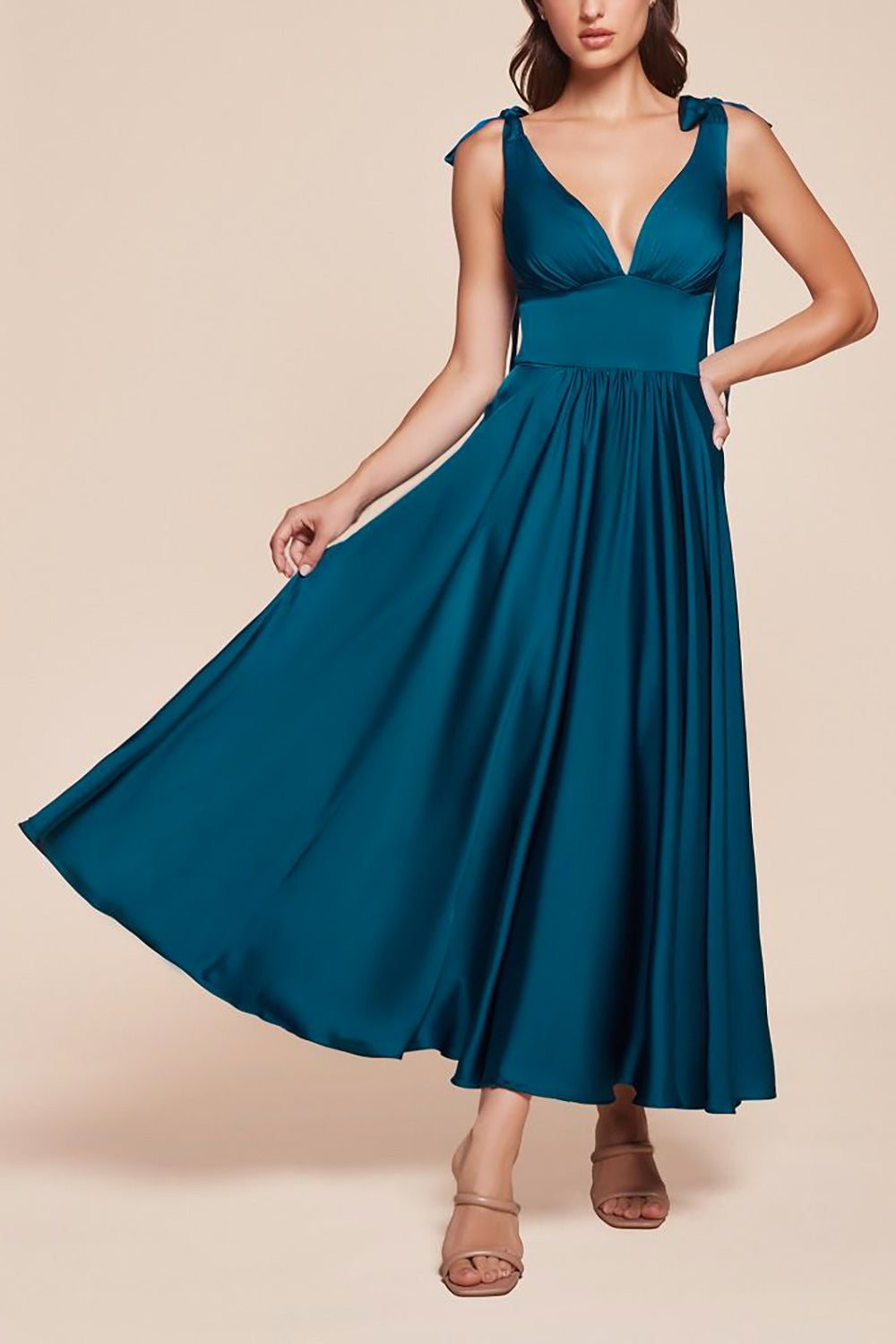 Vida Royal Blue Satin Midi Dress w/ Tie Straps | Boutique 1861 model