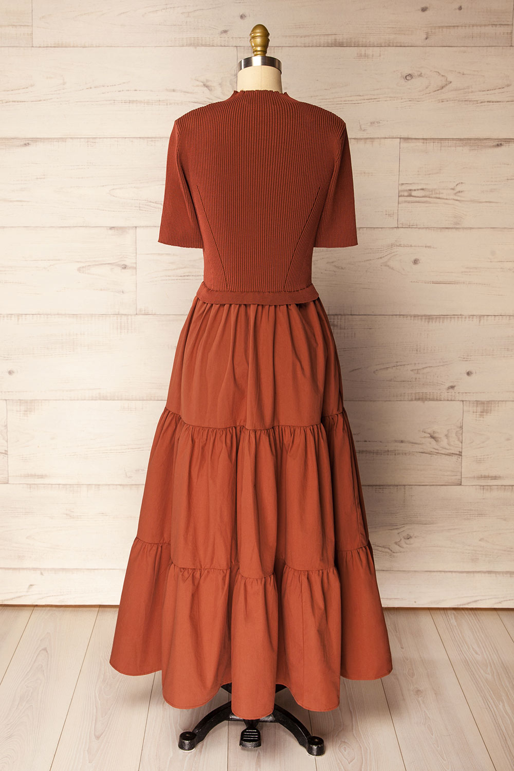 back view of a mannequin wearing the Penrith Rust Mock Neck Midi Dress from boutique 1861