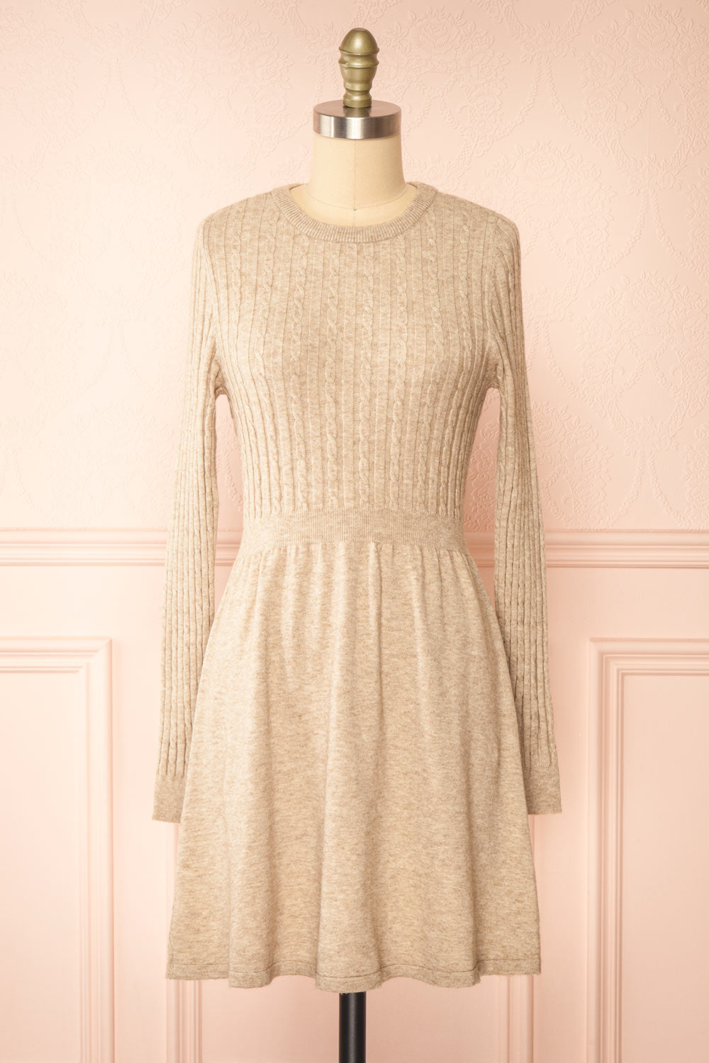 Pertina Short Beige Knit Dress w/ Long Sleeves | Boutique 1861 front view