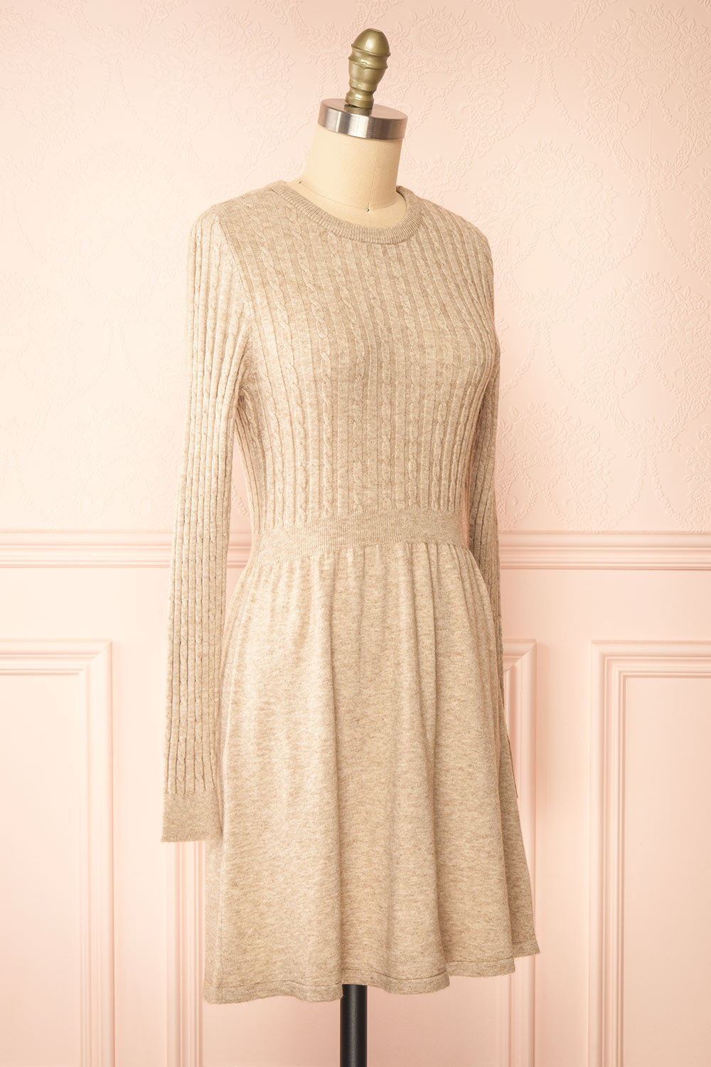 Pertina Short Beige Knit Dress w/ Long Sleeves | Boutique 1861 side view