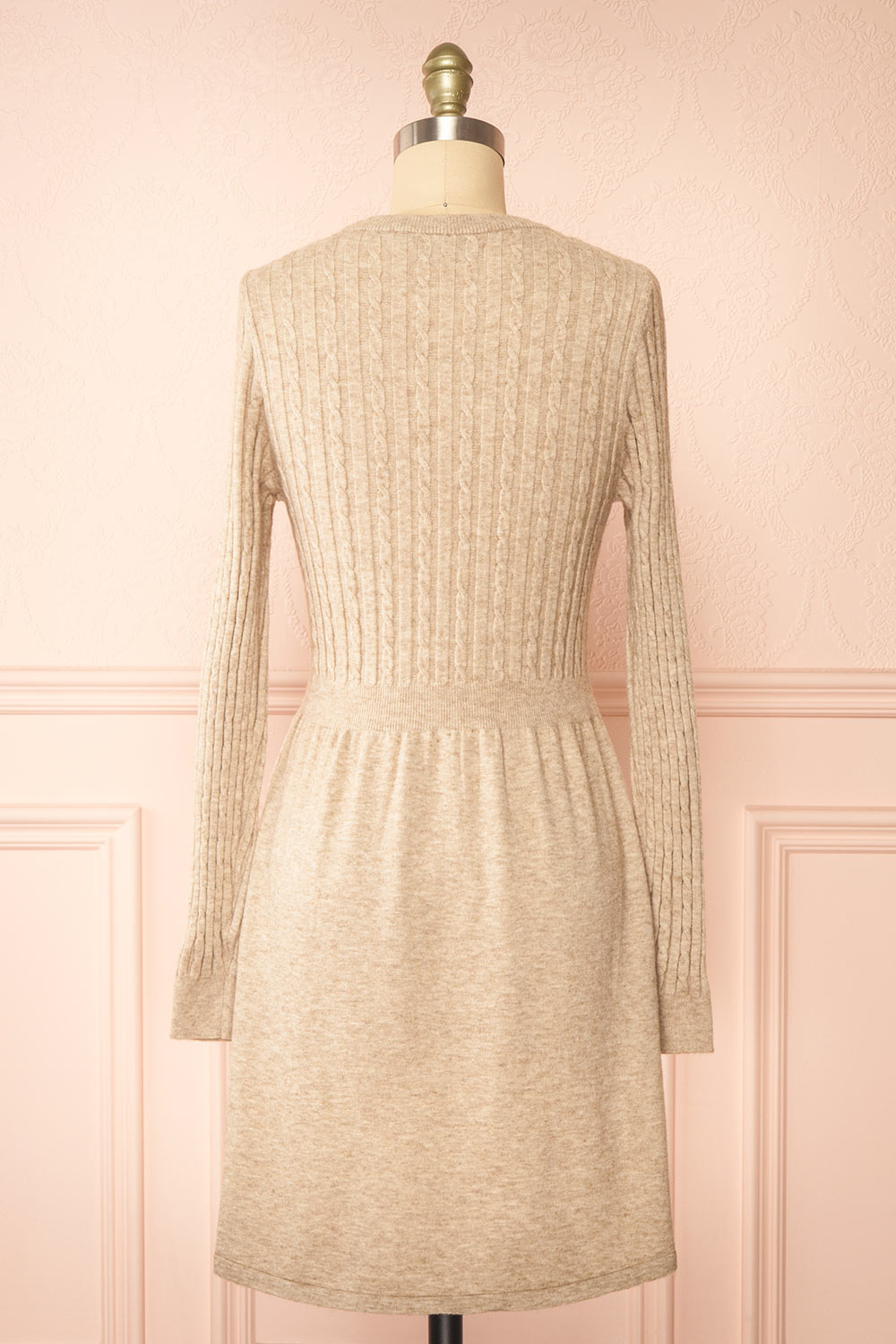 Pertina Short Beige Knit Dress w/ Long Sleeves | Boutique 1861  back view