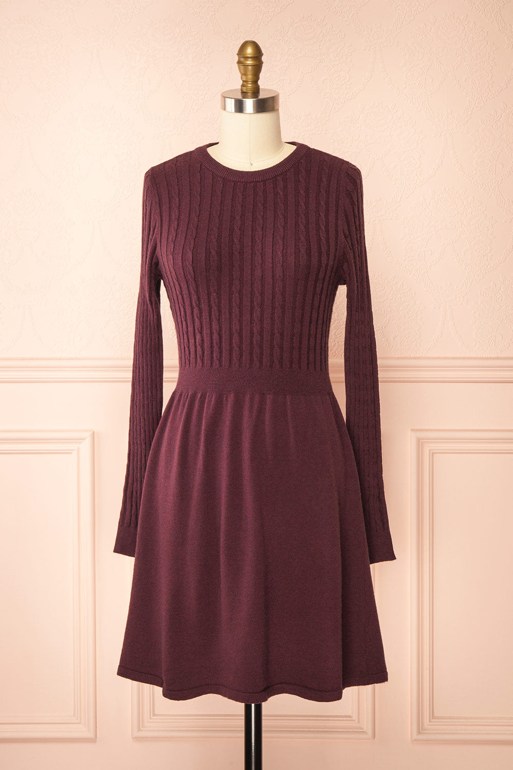 Pertina Burgundy Short Knit Dress with Long Sleeves | Boutique 1861 front view
