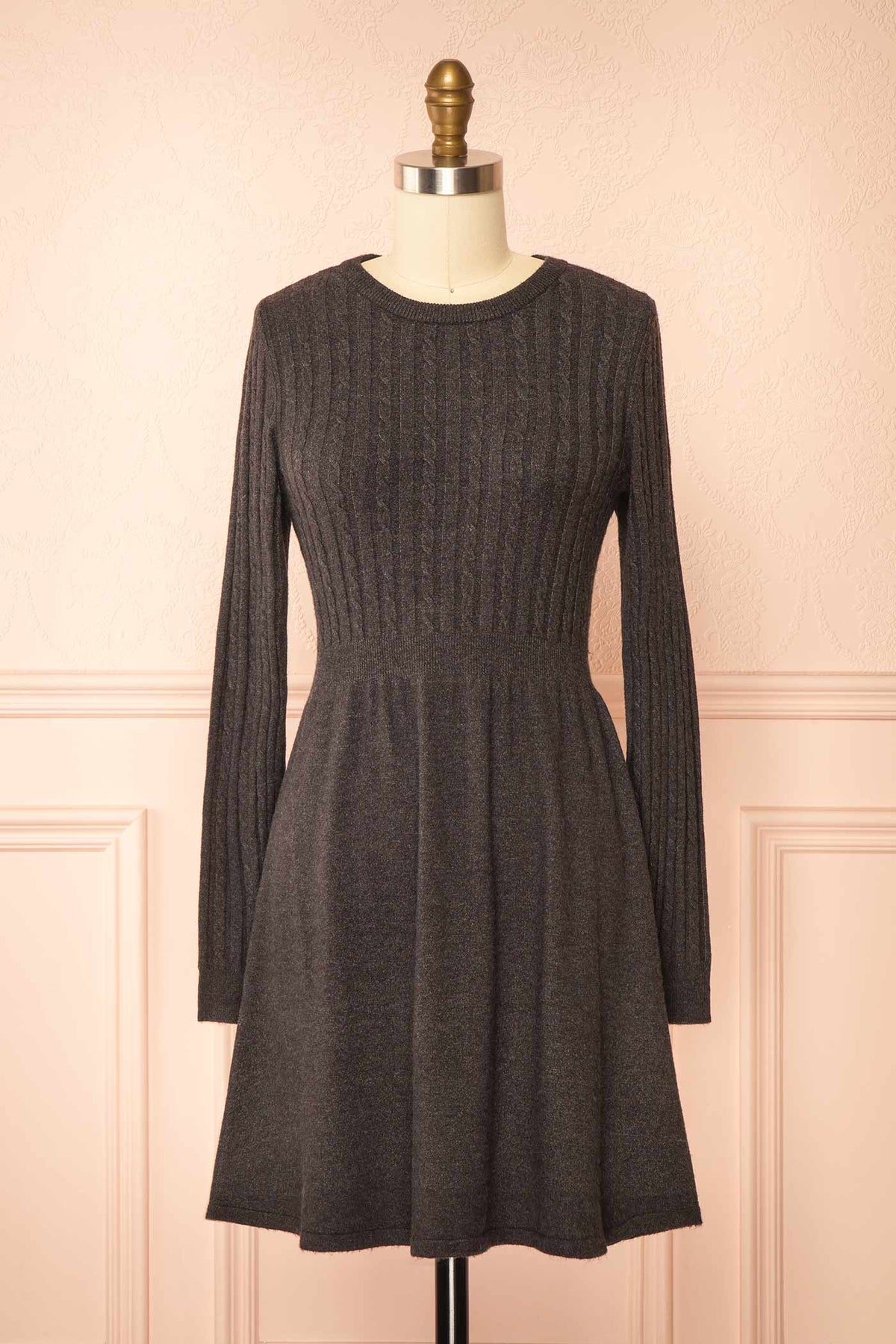 front view of Pertina Dark Grey Short Knit Dress with Long Sleeves at Boutique 1861 