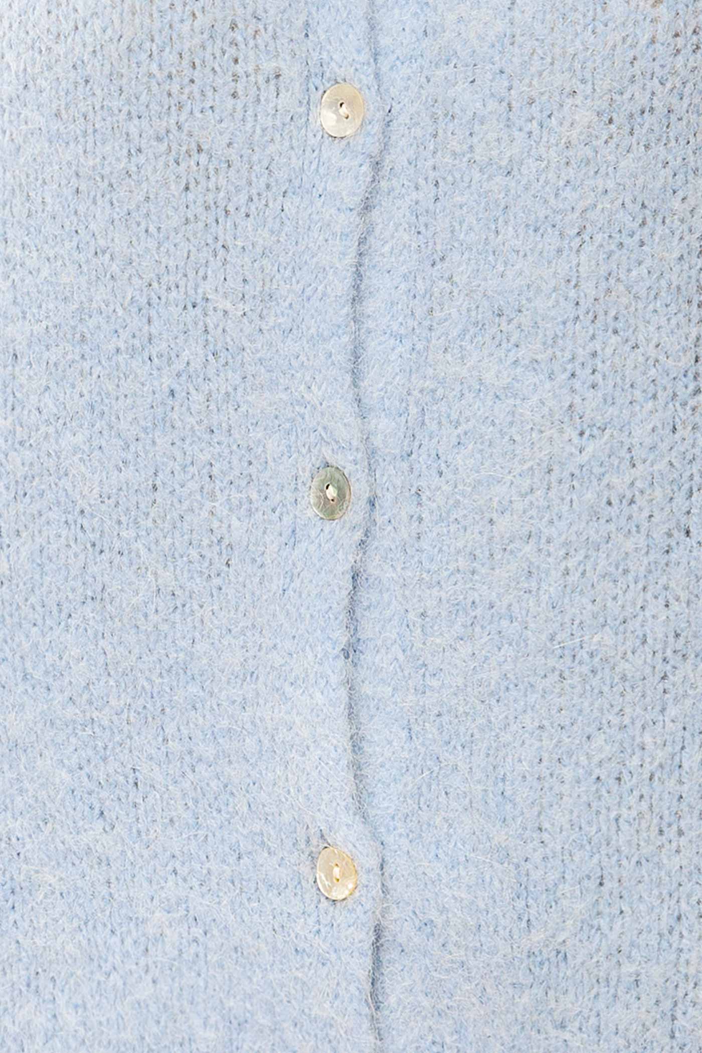 fabric view of Peruth Light Blue Button-Front Knit Cardigan at La petite garçonne