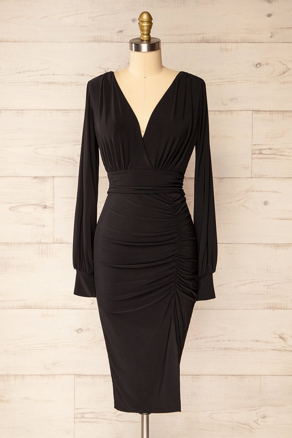 Pessac Black Fitted Midi Dress w/ Long Sleeves | La petite garçonne front view