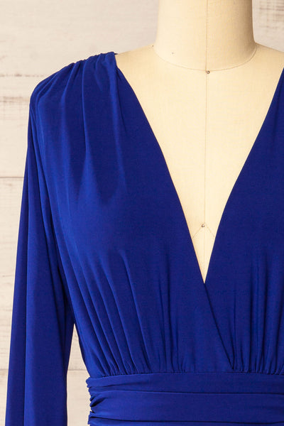 Pessac Blue Fitted Midi Dress w/ Long Sleeves | La petite garçonne front