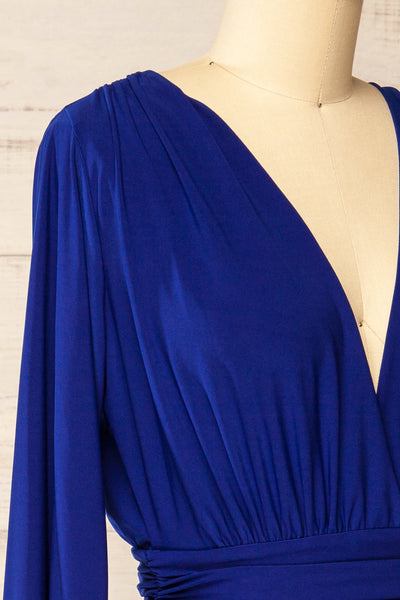 Pessac Blue Fitted Midi Dress w/ Long Sleeves | La petite garçonne side