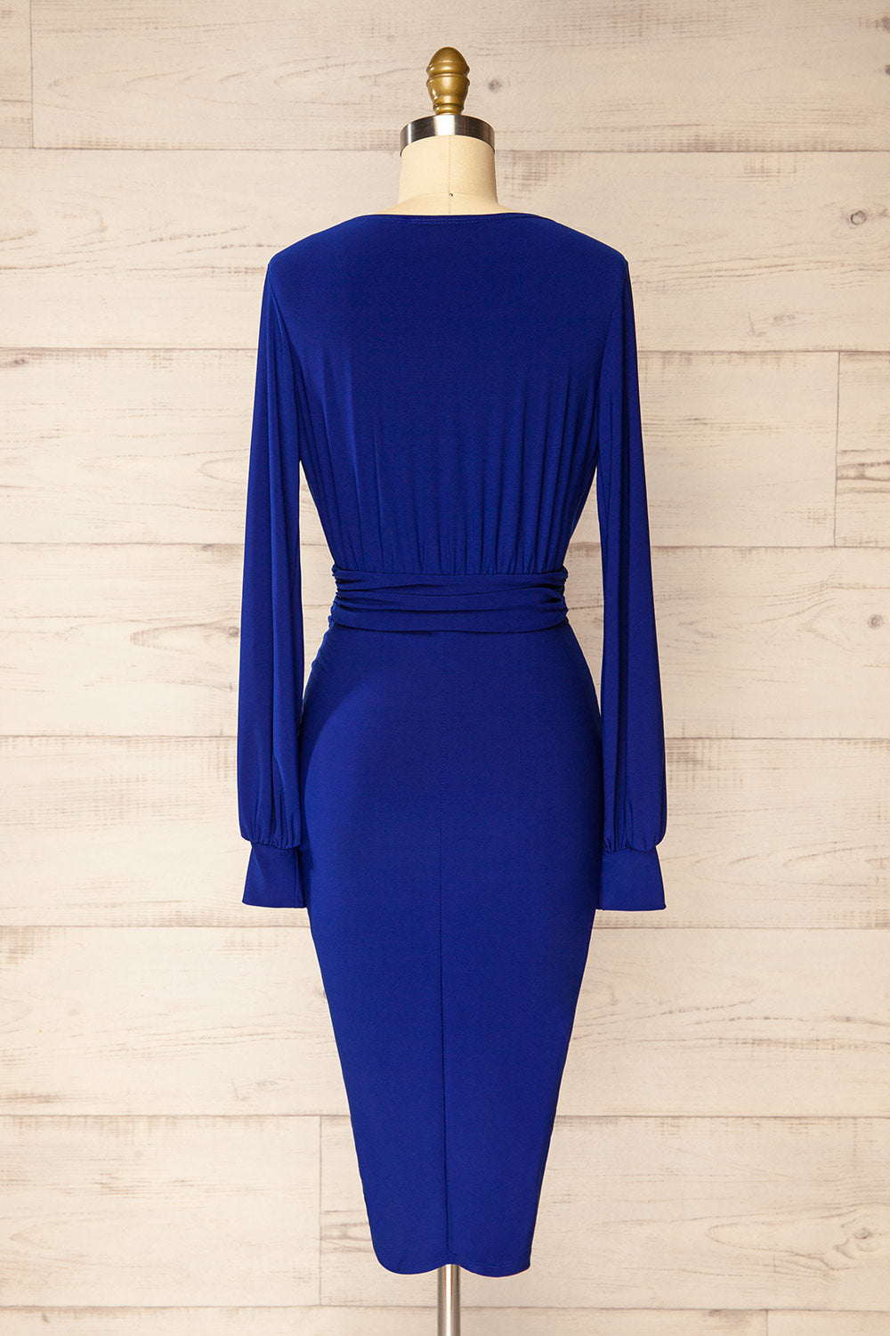 Pessac Blue Fitted Midi Dress w/ Long Sleeves | La petite garçonne back view