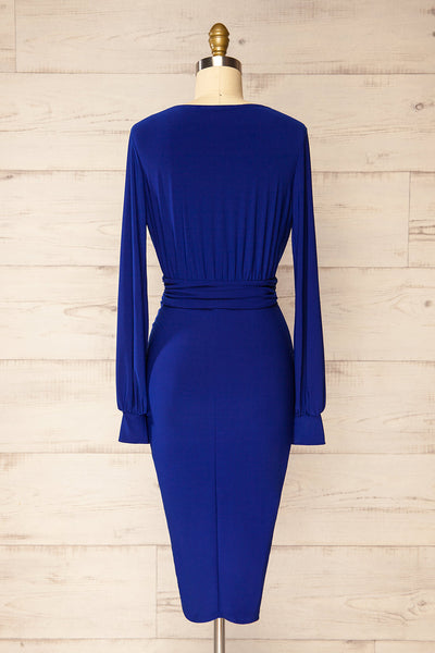 Pessac Blue Fitted Midi Dress w/ Long Sleeves | La petite garçonne back view