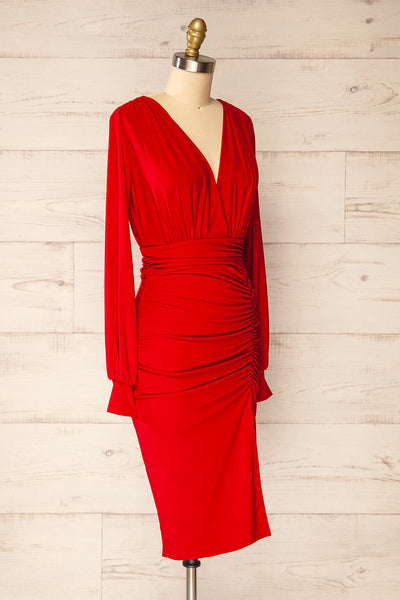 Pessac Red Fitted Midi Dress w/ Long Sleeves | La petite garçonne side view