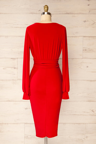 Pessac Red Fitted Midi Dress w/ Long Sleeves | La petite garçonne back view