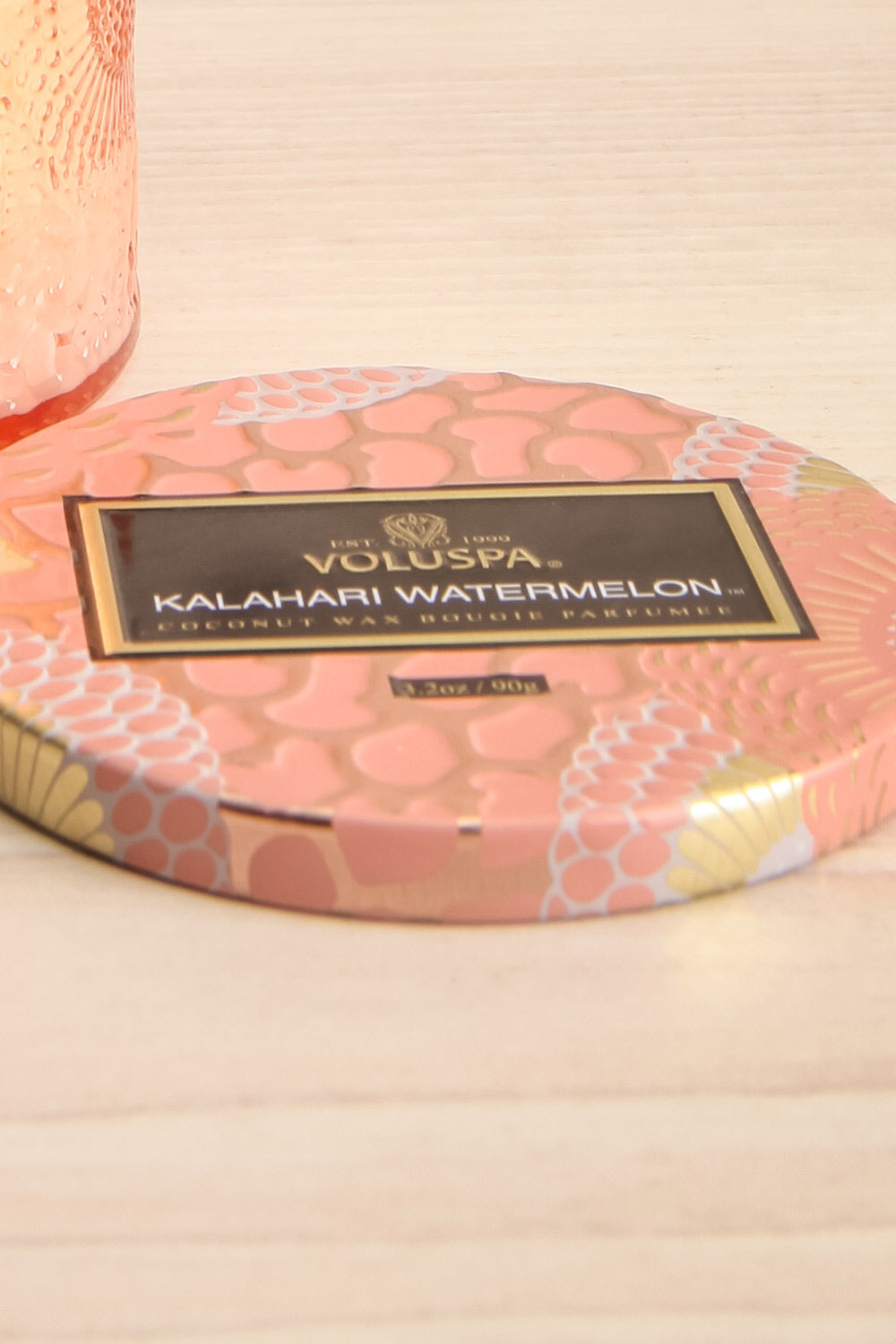 Kalahari Watermelon Petite Jar Candle by Voluspa | Maison garçonne lid close-up