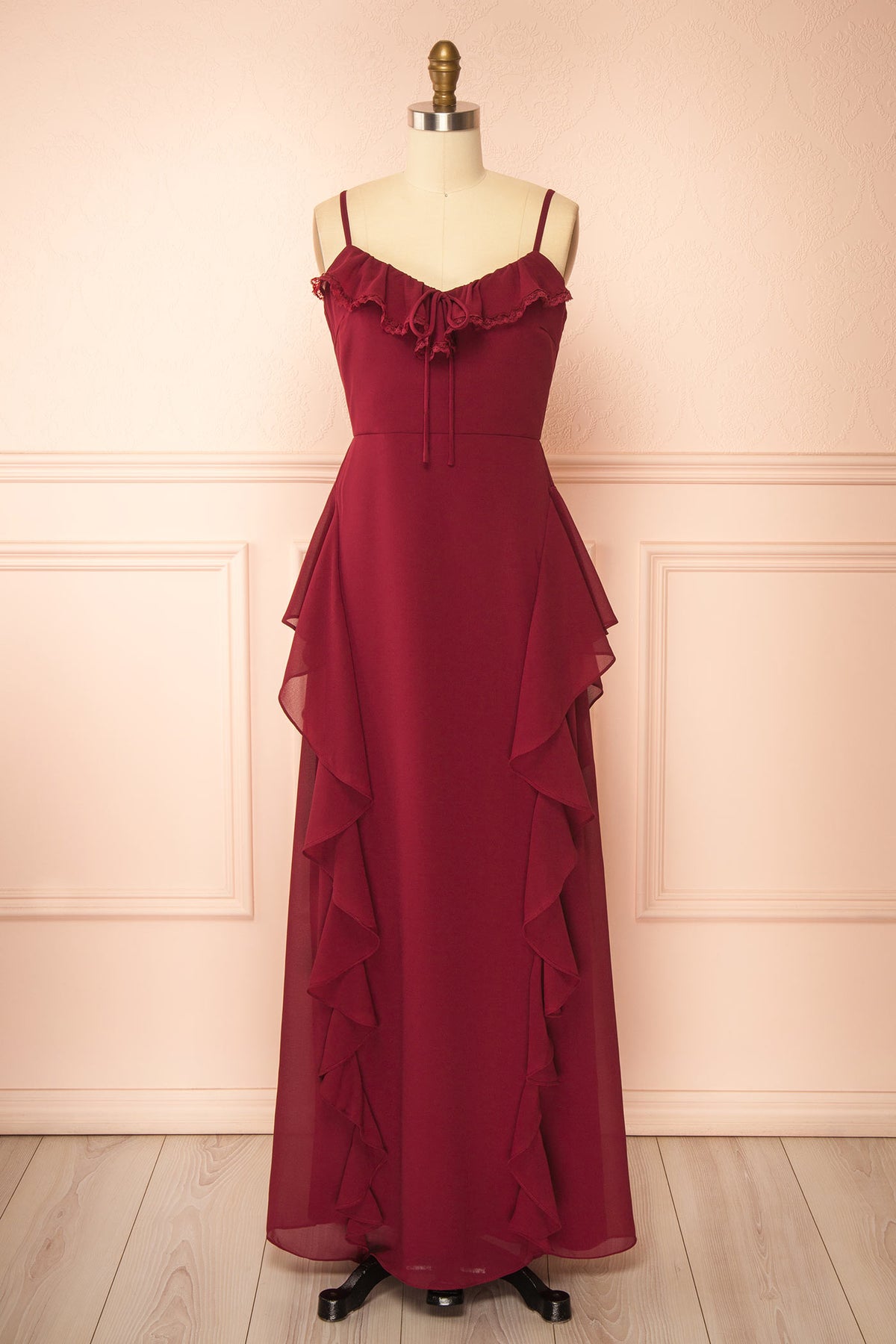 front view of Petria Burgundy Ruffled Accent Sleeveless Maxi Dress with Front Tie at Boutique 1861