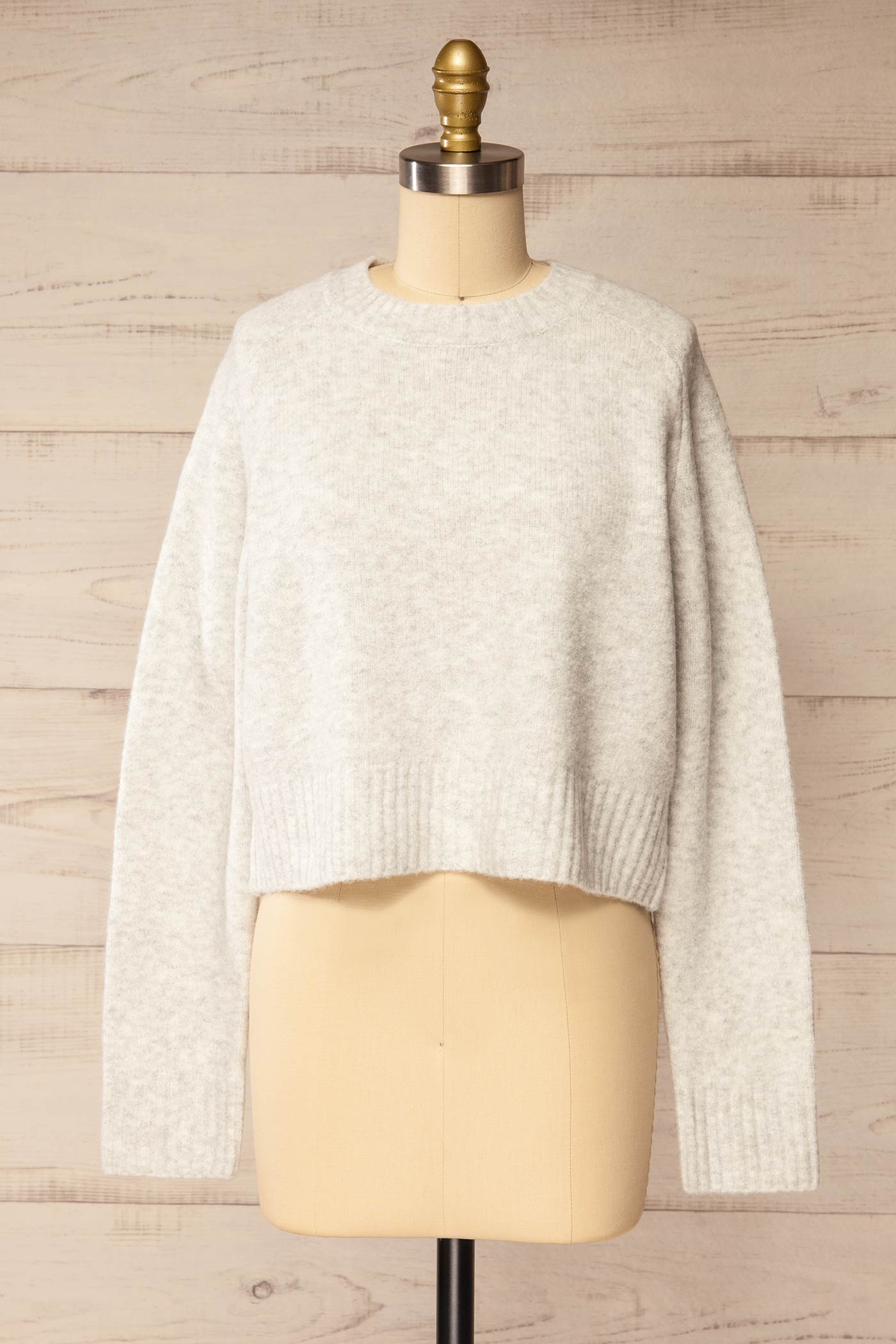front view of Philemire Light Grey Crew Neck Cropped Knit Sweater at La petite garçonne 
