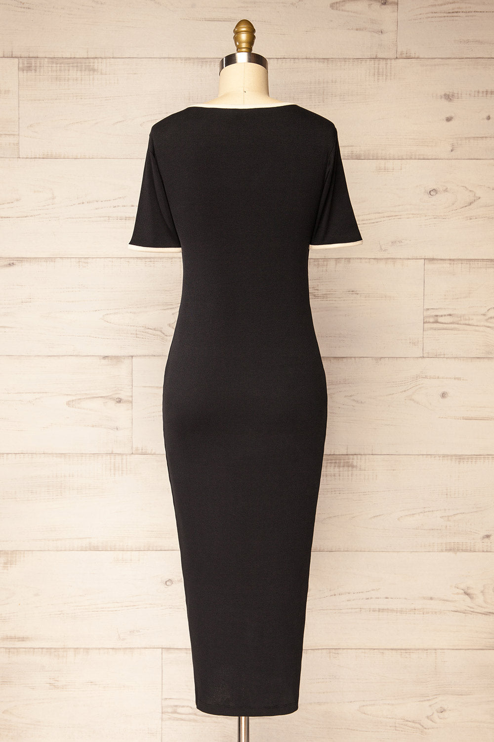 Phloriane Black Ribbed Midi Dress w/ Ivory Trim | La petite garçonne back view