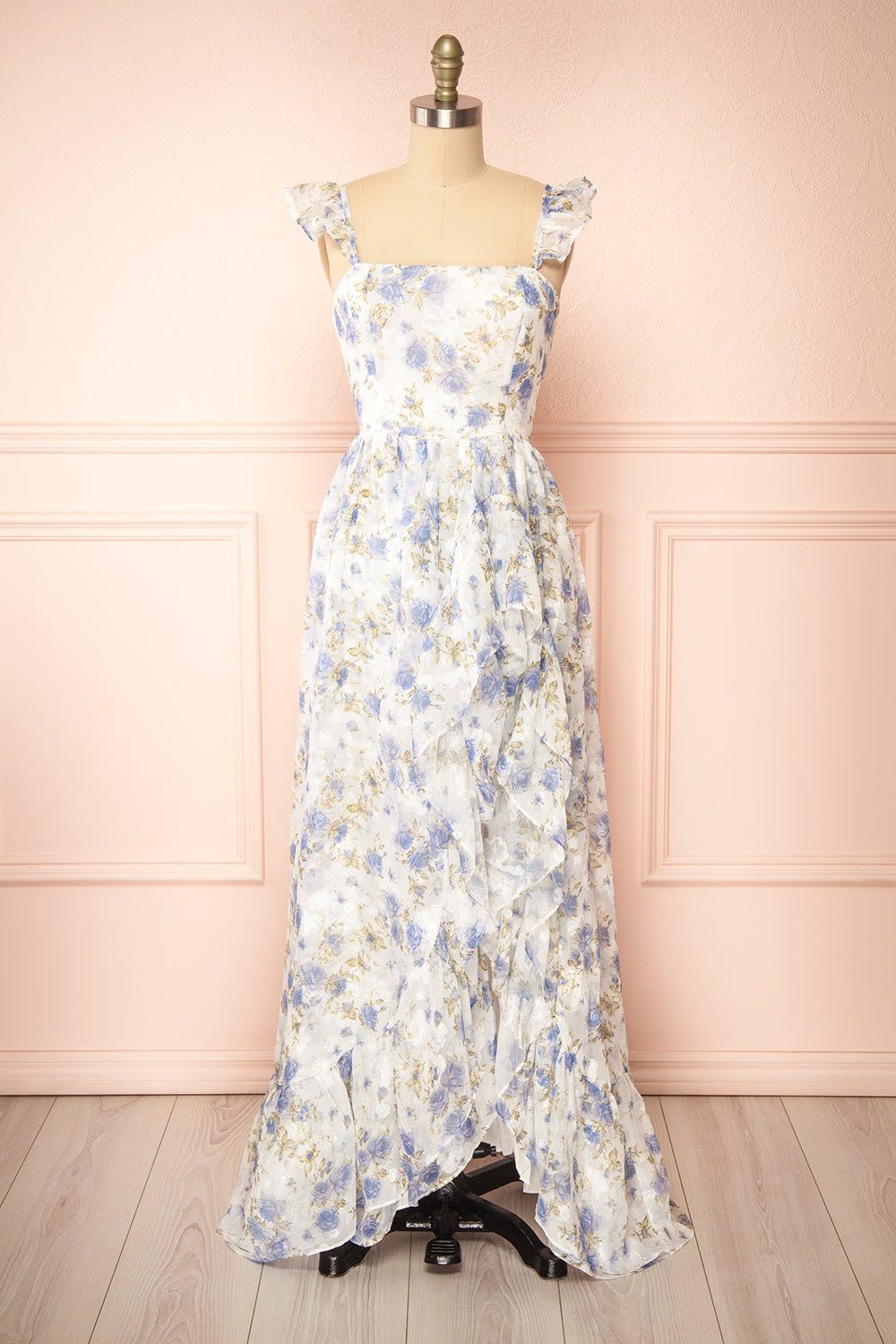 Phyllisia Blue Floral Maxi Dress w/ Ruffles | Boutique 1861 front view