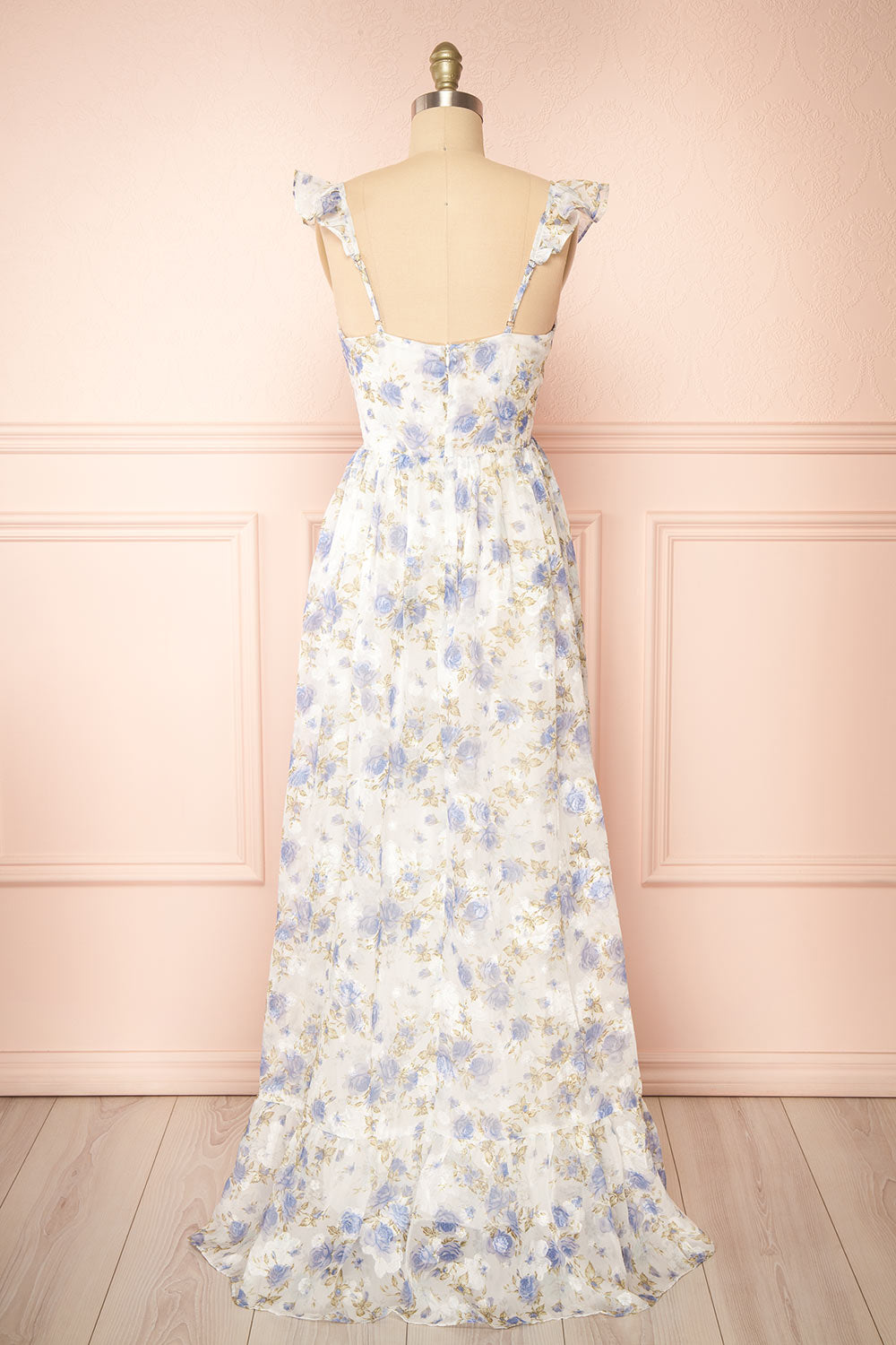 Phyllisia Blue Floral Maxi Dress w/ Ruffles | Boutique 1861 back view