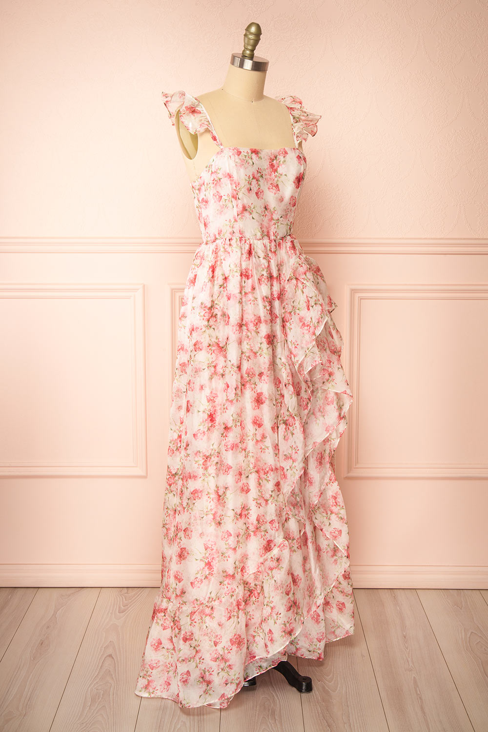 Phyllisia Pink Floral Maxi Dress w/ Ruffles | Boutique 1861 side view