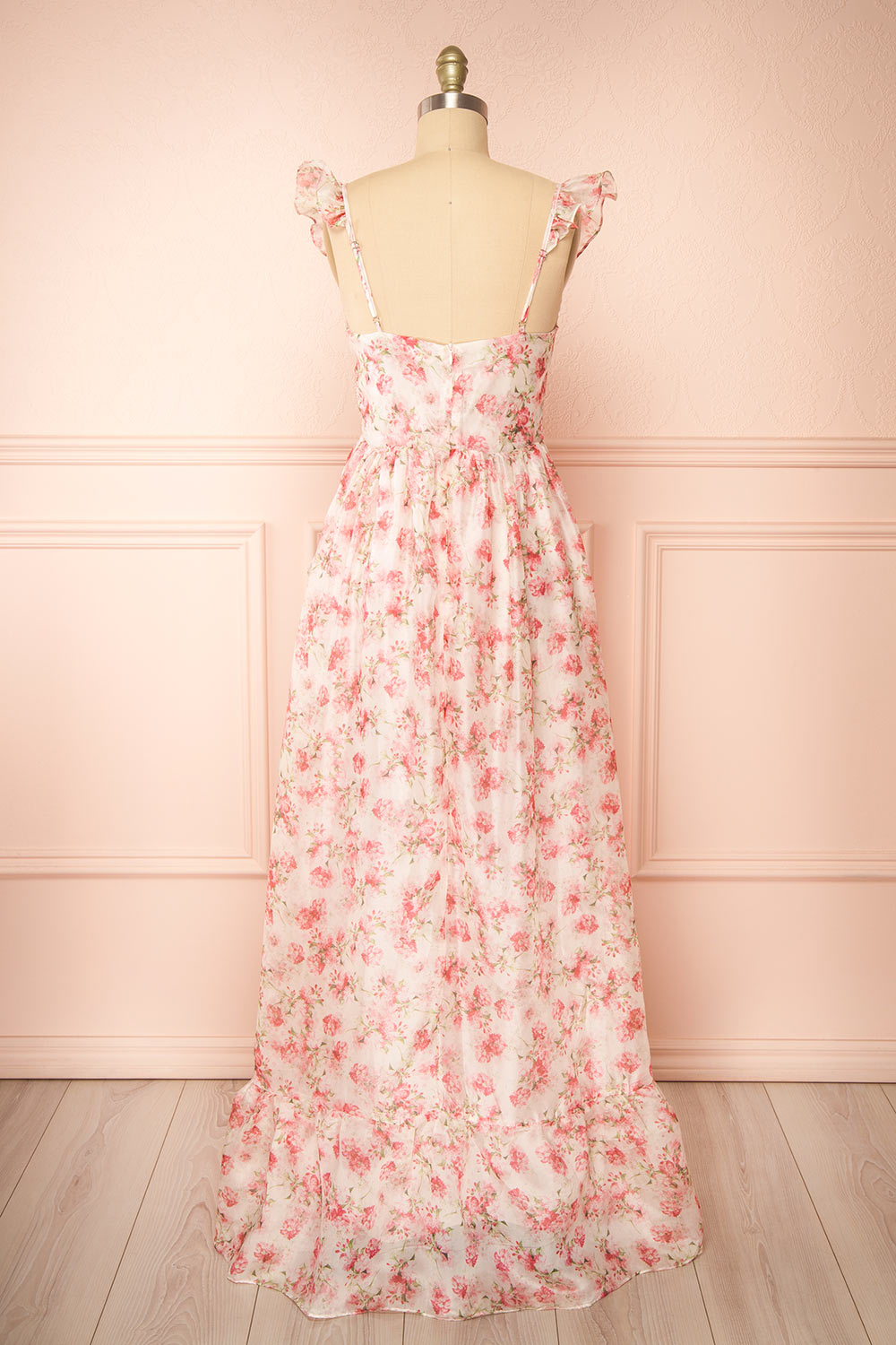 Phyllisia Pink Floral Maxi Dress w/ Ruffles | Boutique 1861 back view