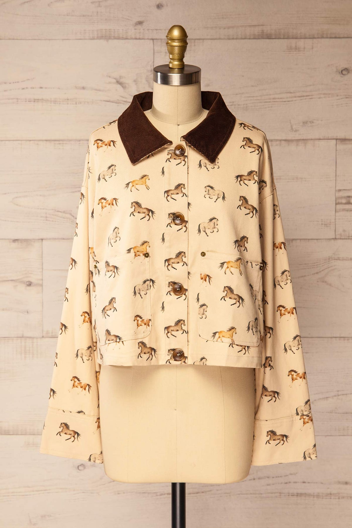 front view of Pietrosella Ivory Horse Print Canvas Jacket with Corduroy Collar at La petite garçonne