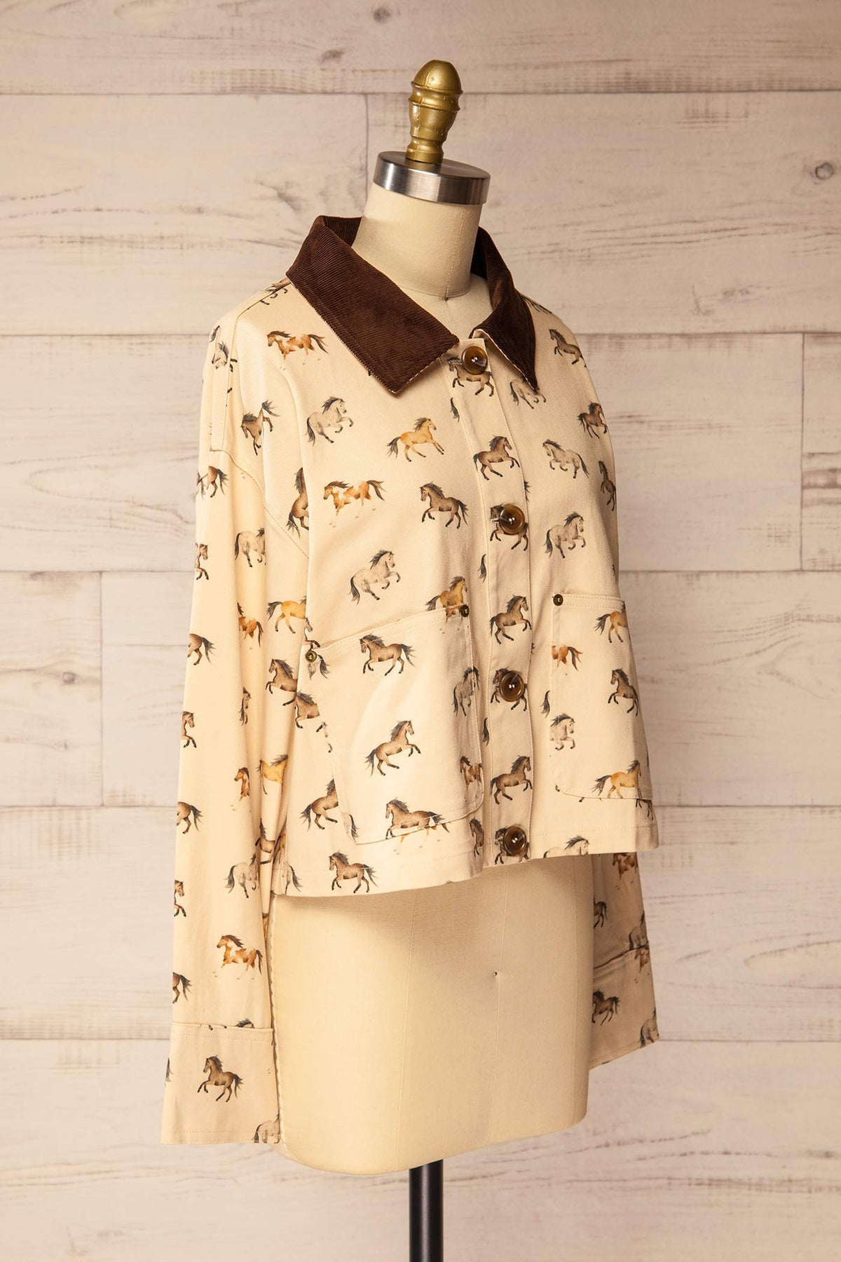 side view of Pietrosella Ivory Horse Print Canvas Jacket with Corduroy Collar at La petite garçonne