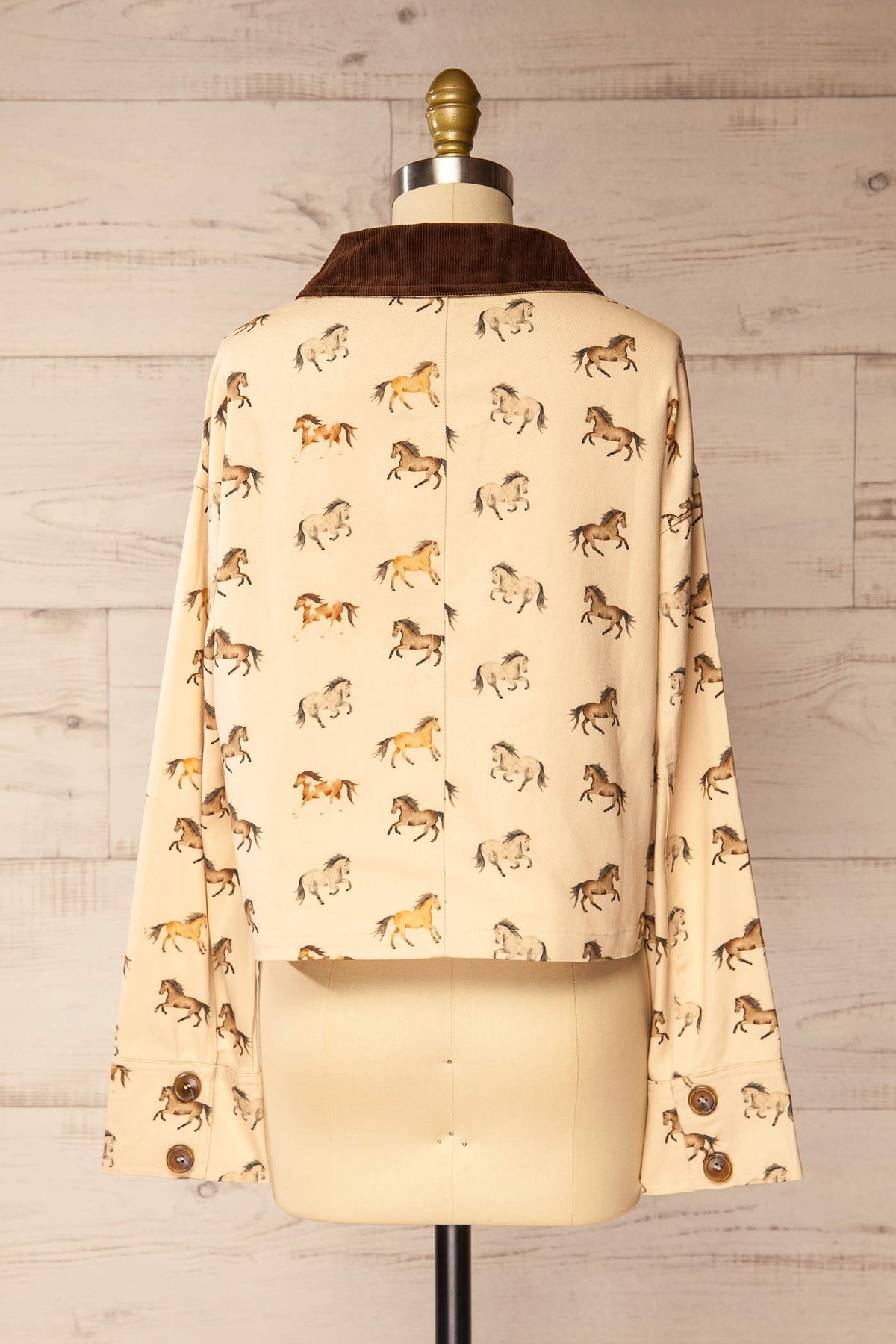 back view of Pietrosella Ivory Horse Print Canvas Jacket with Corduroy Collar at La petite garçonne