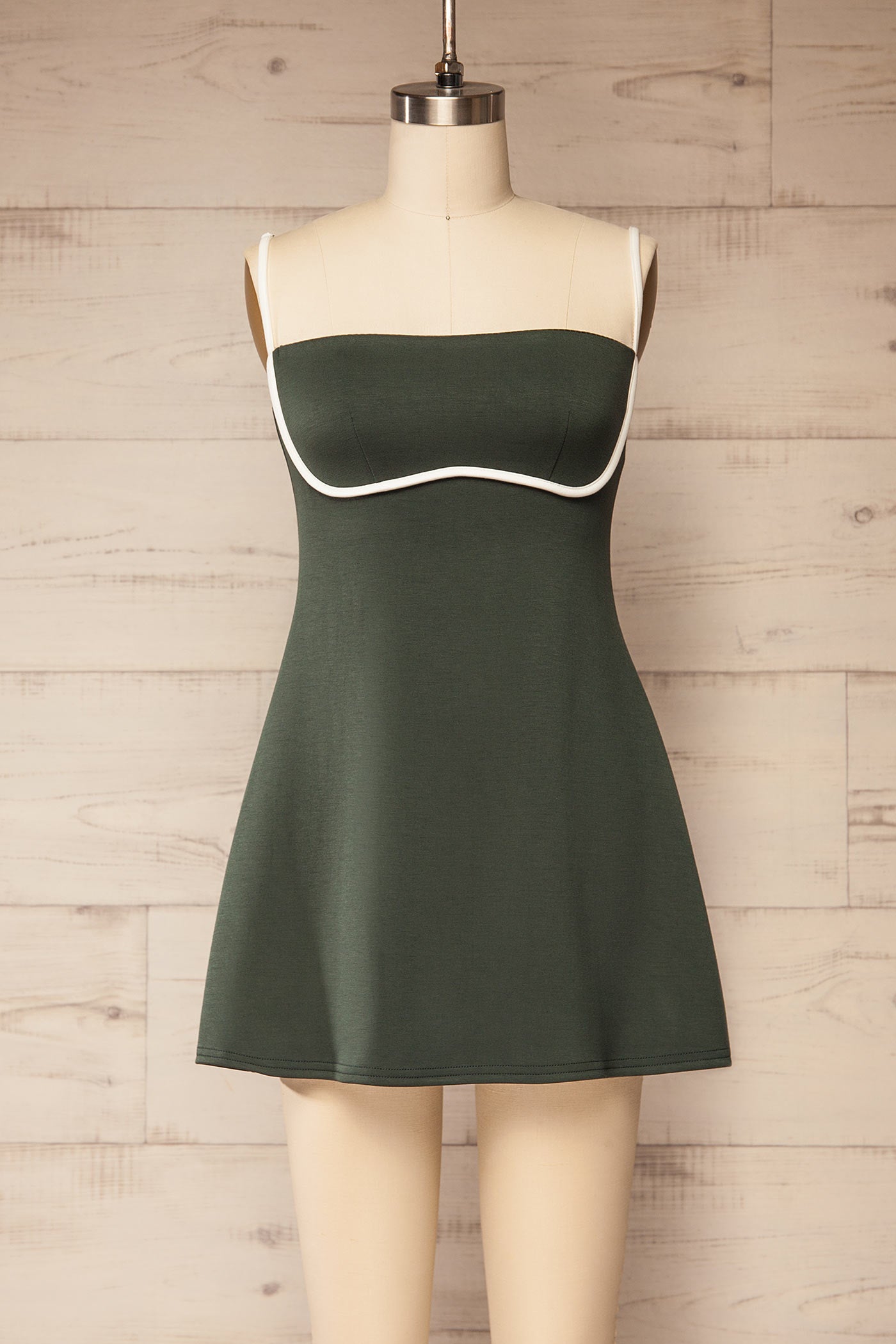 front view of Pisang Green Mini Dress with Built in Shorts at La petite garçonne 