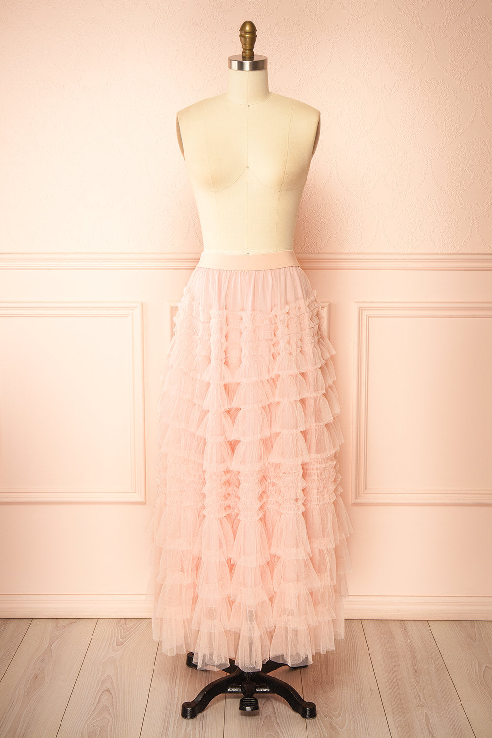 Poema Blush Tiered Tulle Maxi Skirt | Boutique 1861 front view
