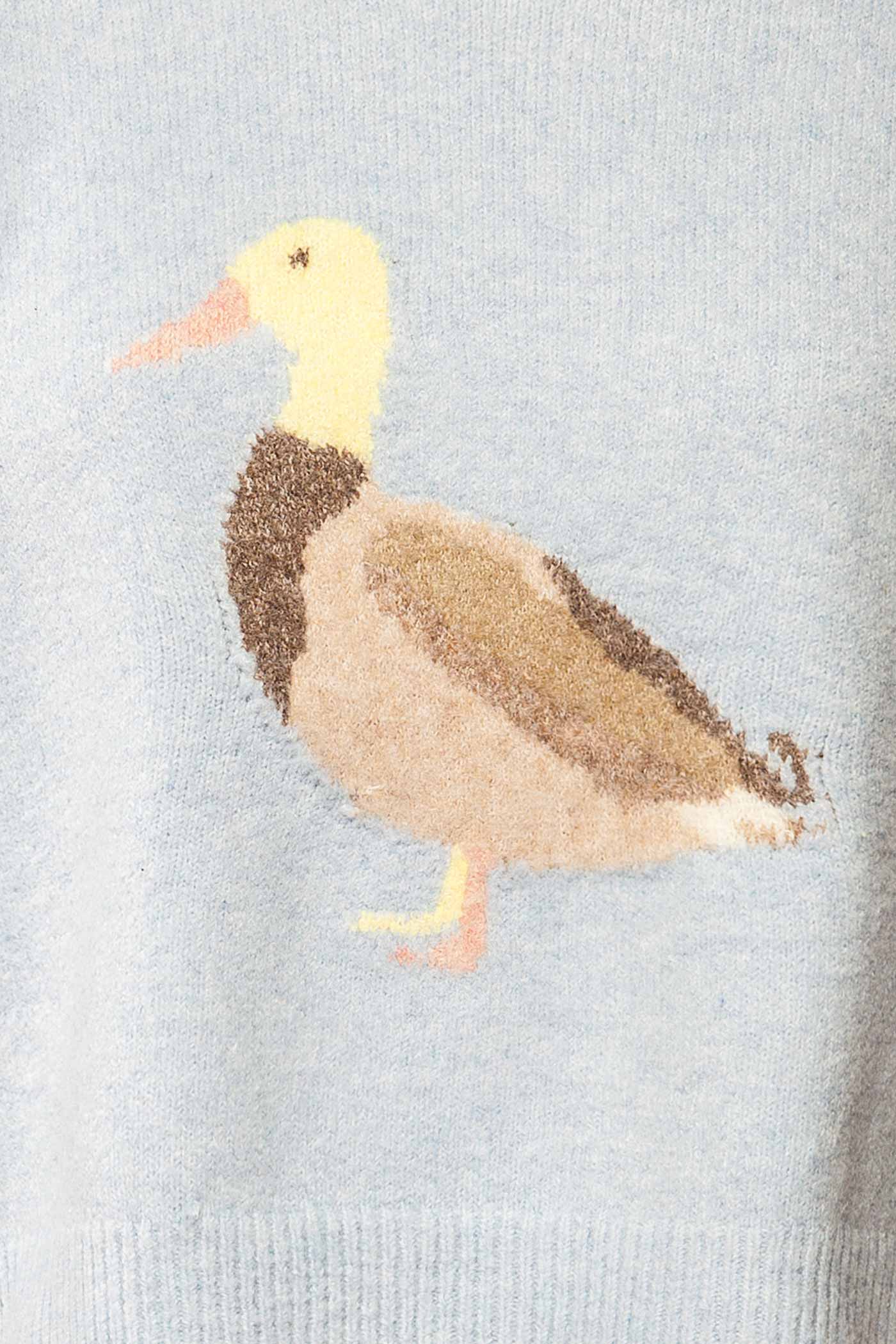 fabric view of Pokhodsk Blue Duck Graphic Short Puff Sleeve Knit Sweater at La petite garçonne
