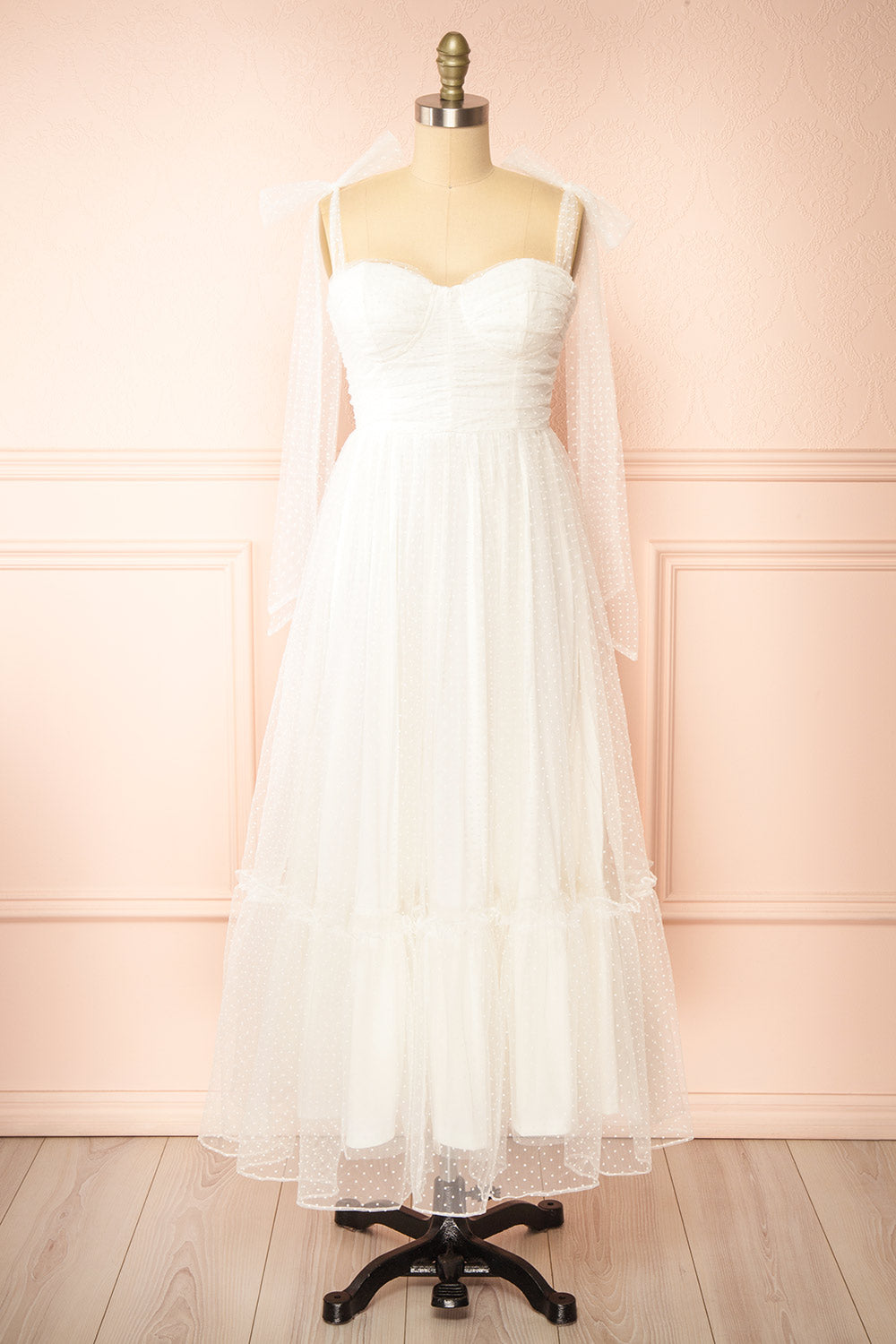 Polkarine White Tulle Maxi Dress w/ Polka Dots | Boudoir 1861 front view