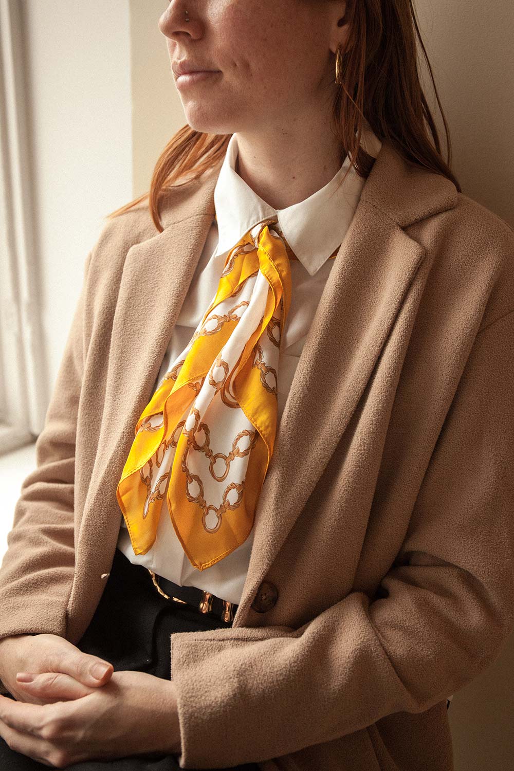 Pontevedra Yellow Patterned Satin Scarf | La petite garçonne model