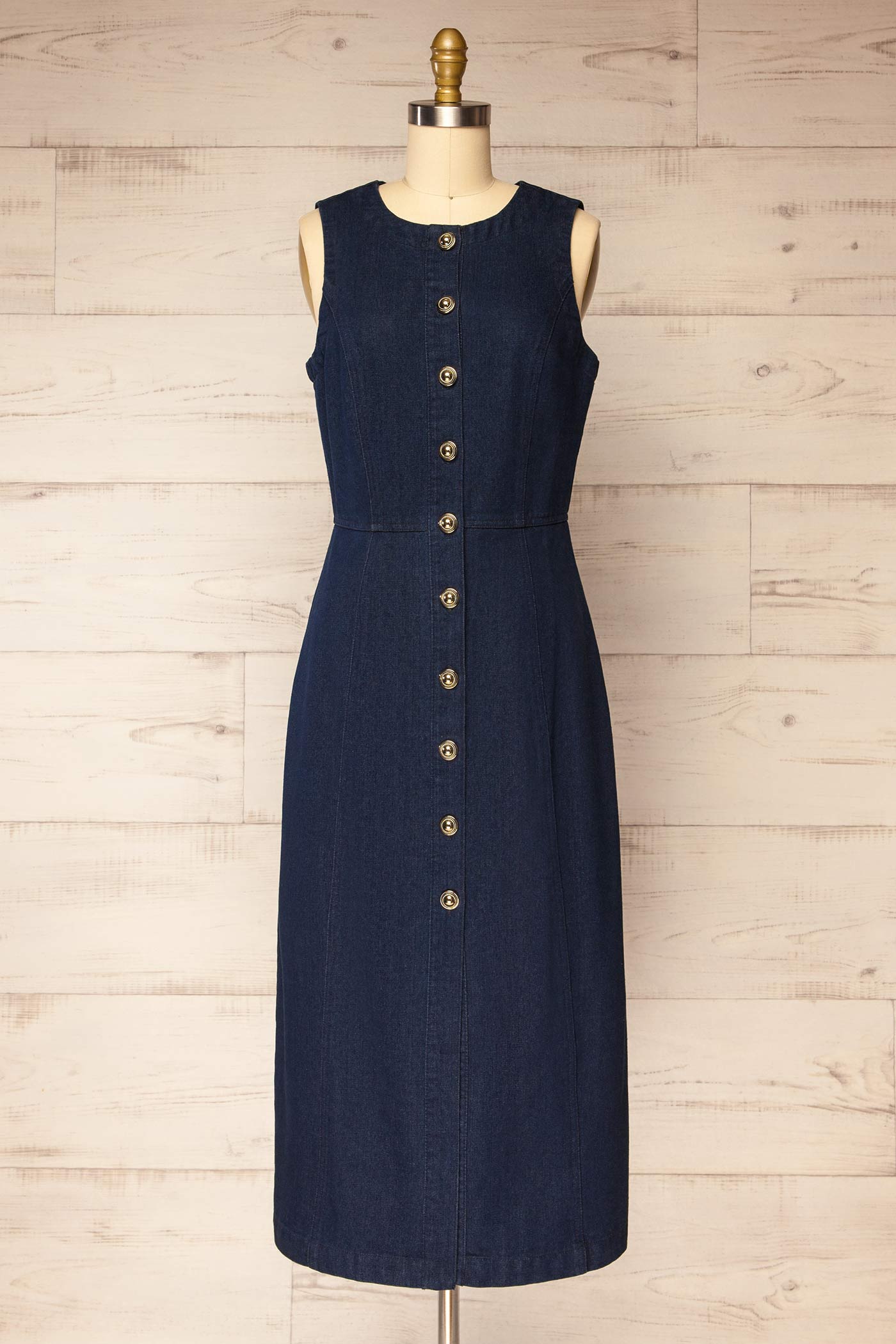 Frontview Potenza Sleeveless Denim Midi Dress at la petite garçonne