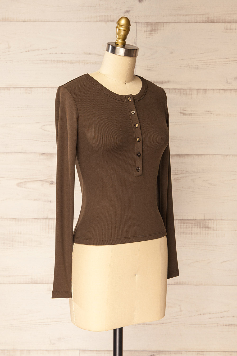 Poway Brown Long Sleeve Fitted Ribbed Top | La petite garçonne side view