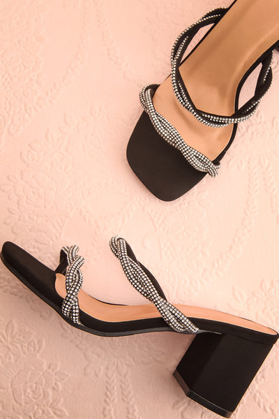 Prairie Black Strappy Heeled Suede Sandals w/ Crystals | Boutique 1861 flat view