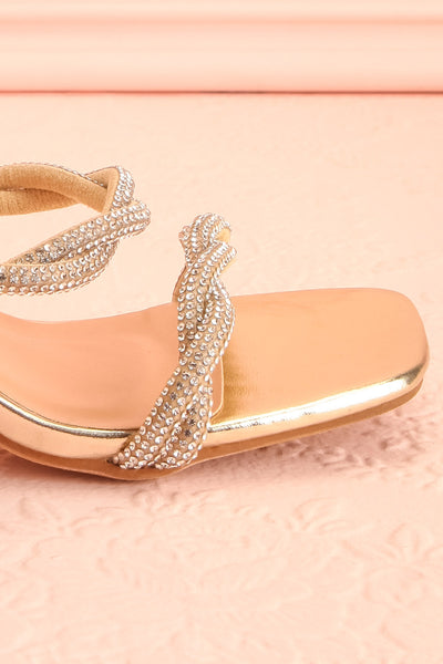 Prairie Gold Strappy Mid Heel Sandals w/ Crystals | Boutique 1861 side front close-up